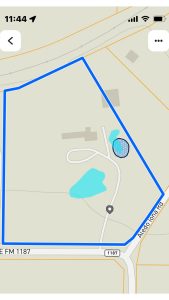 A digital map screenshot shows 2301 FM 1187, Aledo, TX outlined in blue with two small ponds and a building at the center. Roads labeled "E FM 1187" and "Alcido Dr. Rd." border the property. The time displayed is 11:44.