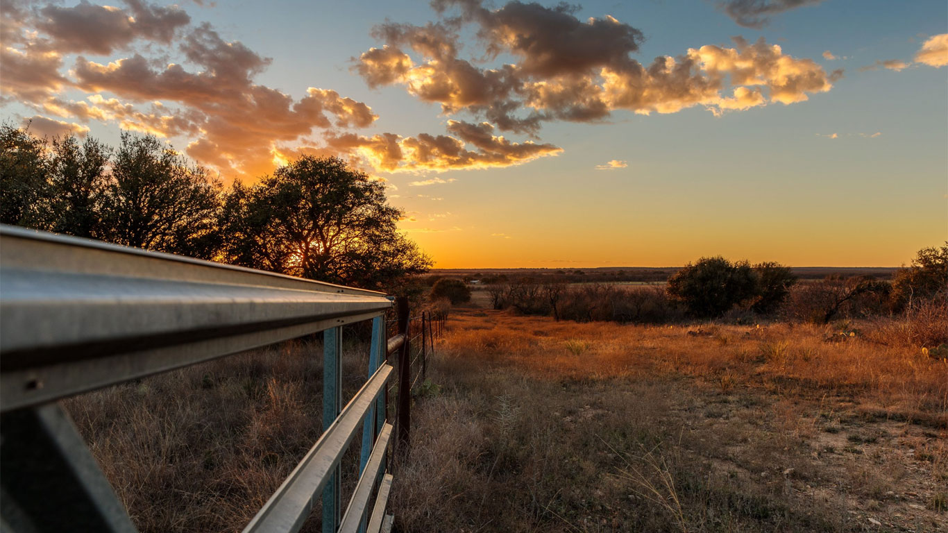 A metal fence leads into an open field at sunset, with golden light illuminating the grass and clouds scattered across the sky. Trees line the horizon, creating a peaceful rural landscape.