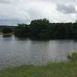 A calm pond surrounded by green grass and dense trees under a cloudy sky, with a small wooden dock on the right side.