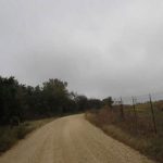 A gravel road curves through a rural landscape with grass and bushes on both sides, a wire fence on the right, and an overcast sky above.