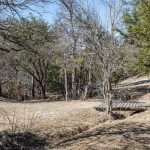 A small wooden footbridge crosses a dry, grassy ditch surrounded by leafless trees and sparse greenery under a clear blue sky.
