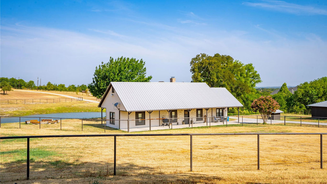 A single-story house with a metal roof sits on dry, yellow grass, surrounded by a black wire fence. Trees and a small pond are visible in the background under a clear blue sky.