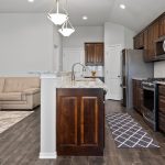 Modern kitchen with dark wood cabinets, stainless steel appliances, granite countertops, and a blue patterned rug. An open living area with a beige sectional sofa and a dining table is visible in the background.