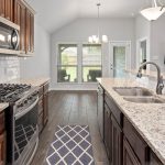 Modern kitchen with dark wood cabinets, granite countertops, stainless steel appliances, double sink, white subway tile backsplash, and a blue patterned rug on a dark wood floor. Large windows provide natural light.