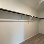 Empty walk-in closet with white walls, beige carpet, and multiple black hanging rods with white supports. A wooden pole hangs from the ceiling access panel near the center of the closet.