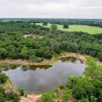 Aerial view of a small, heart-shaped pond near County Road 419 in De Leon TX, surrounded by dense green trees, with open grassy fields and a cloudy sky in the background.