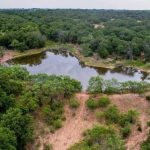 A small, irregularly shaped pond near County Road 419 is surrounded by dense green trees and patches of dry, brown grass in the forested De Leon area, viewed from above under a cloudy sky.