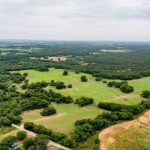 An aerial view of a vast, green landscape near County Road 419 in De Leon, TX, with scattered trees, grassy fields, and patches of forest under a cloudy sky. Dirt roads and power lines cross the scenic area.