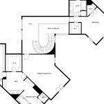 Black and white floor plan showing a primary bedroom with two walk-in closets and two bathrooms, a secondary bedroom with a walk-in closet and bathroom, and a hall open to below with a curved staircase.