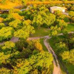 Aerial view of a rural landscape with a winding dirt road, dense green trees, a small building, and a pond in the background, all bathed in golden sunlight.
