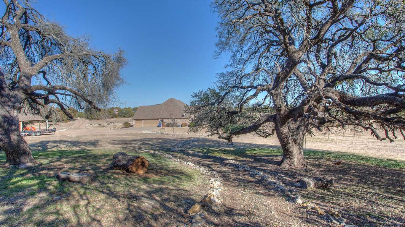 A rural landscape with large, sprawling trees casting shadows on the ground, a single-story house with a brown roof in the background, and a clear blue sky overhead.