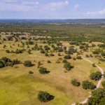 Aerial view of a vast, green rural landscape with scattered trees, a winding dirt road, a few houses, and distant hills under a blue sky with scattered clouds.