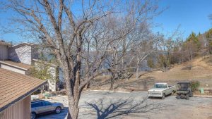 A paved lot with two parked vehicles, one white truck and one dark SUV, sits near leafless trees on a sunny day. In the background, there is a glimpse of a lake and hillside with sparse vegetation.