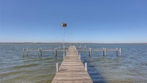 A wooden dock extends over calm water under a clear blue sky, with a birdhouse on a tall pole at the end of the dock and shoreline visible in the distance.
