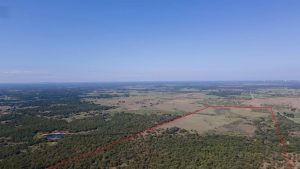 Aerial view of a vast rural landscape with fields, trees, and a small pond. A red outline marks the boundaries of a large plot of land under a clear blue sky.