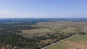 Aerial view of a vast, open rural landscape with green fields, scattered trees, a small pond, and a road running along the bottom right; a clear blue sky stretches above the horizon.