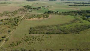 Aerial view of an expansive rural landscape with grassy fields, scattered trees, dirt roads, and a few distant buildings under a clear sky.
