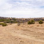 A dirt path winds through dry, grassy terrain at the historic S&S Ranch, with scattered bushes and low hills under a partly cloudy sky.