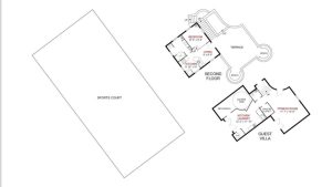 Floor plan showing a large sports court, and a guest villa with a fitness room, kitchen, and laundry on the first floor, plus a second-floor area with a bedroom, living area, bathroom, and a terrace.
