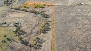 Aerial view of farmland divided by a fence, with one side green and dotted with trees and ponds, and the other side dry and sparse. Shadows of trees are cast on the ground.