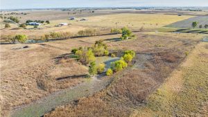 Aerial view of a rural landscape featuring a small pond surrounded by trees and dry grass, with open fields, scattered cows, and a few farm buildings visible in the background under a partly cloudy sky.