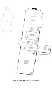 Floor plan labeled “Pool House and Garage” showing a pool and spa outside, with interior rooms including a gameroom, kitchen, two bedrooms, foyer, oversized garage, loft, and utility area marked "W/D".