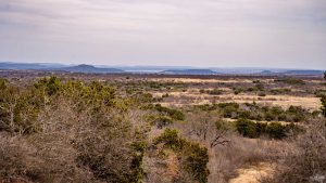 A vast, open landscape with sparse trees and shrubs under a cloudy sky, stretching toward distant low hills and a hazy horizon. The terrain appears dry with patches of green vegetation.