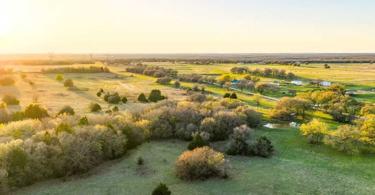 A sunlit rural landscape in Wise County, Texas, with open fields, scattered trees, and a few houses, viewed from above at sunrise or sunset. The clear sky casts a warm golden light over the green scenery.